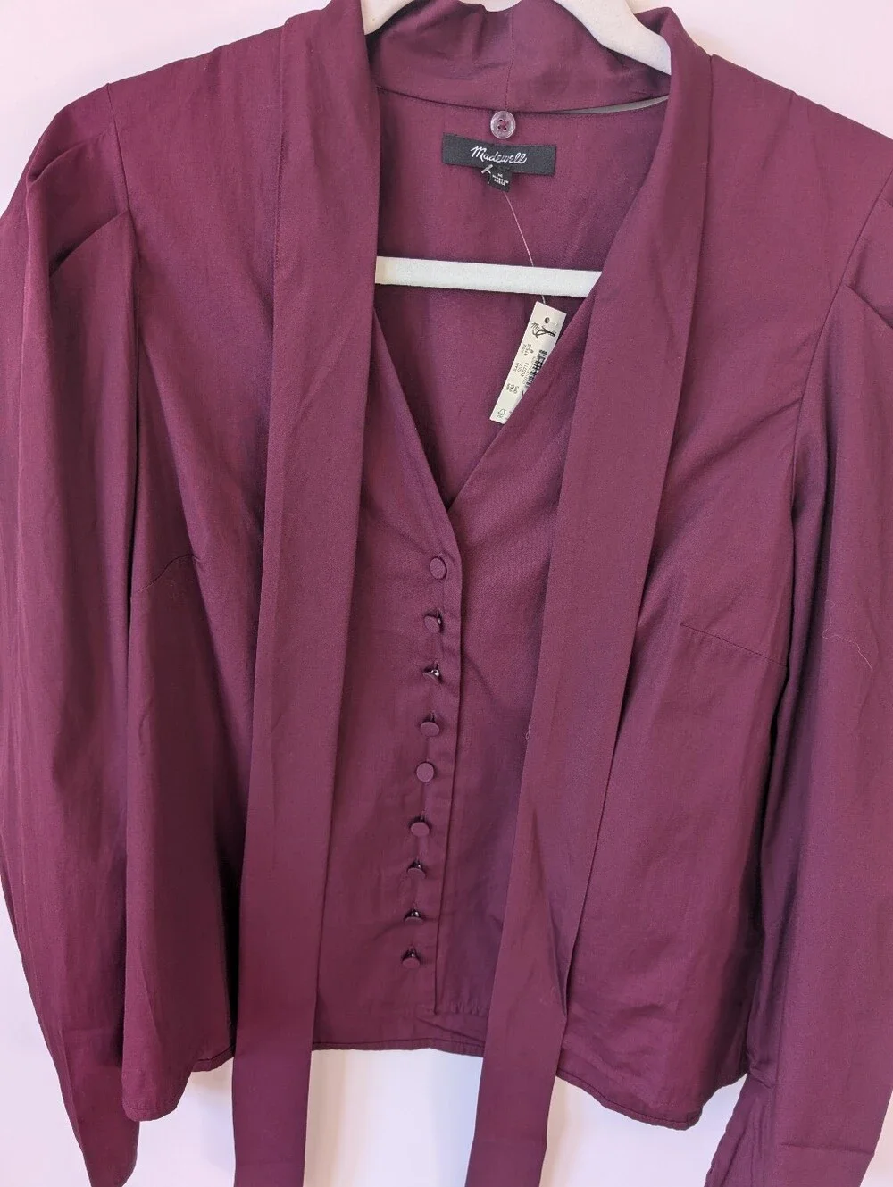 Madewell Neck Tie Button-Down Blouse in Deep Plum / Burgundy (Size M)